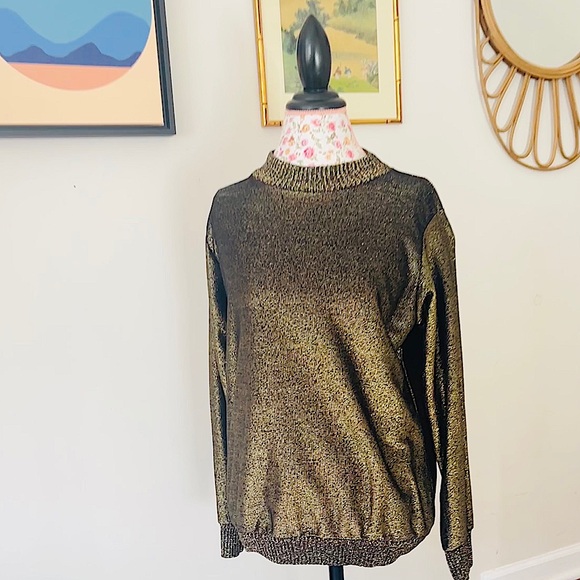 lady Blair Sweaters - VINTAGE Lady Blair shimmer gold and black knit‎ sweater with ribbed collar sz M